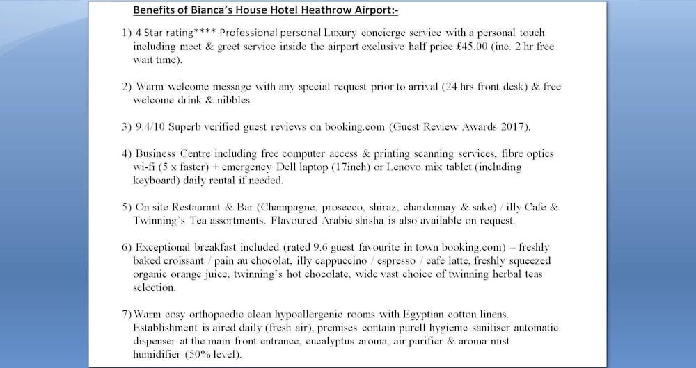 Bianca's House Hotel Heathrow Airport - Reception Hall